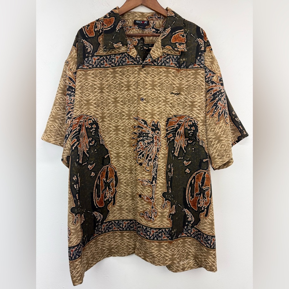 Boff Sz XXXL Men’s Brown Native American Aztec Indian Button Up Hawaiian Shirt